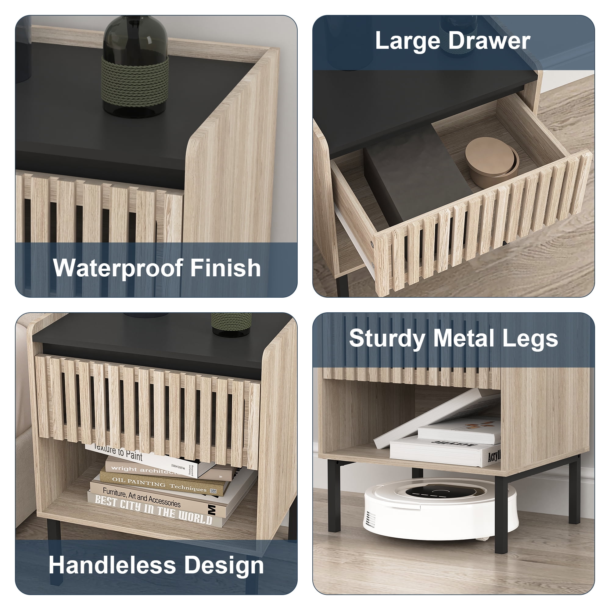 Demi Bonn Set of 2 Modern Nightstand with Minimalist Iron Foot Design, Vertical Stripe Elements, Bedside Cabinets for Contemporary Homes, Beige