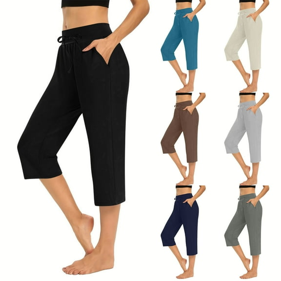 Olyvenn Stylish Women's Comfy Drawstring Yoga Capri Pants Loose Workout Sweatpants Wide Leg Lounge Pants with Pockets Beige S
