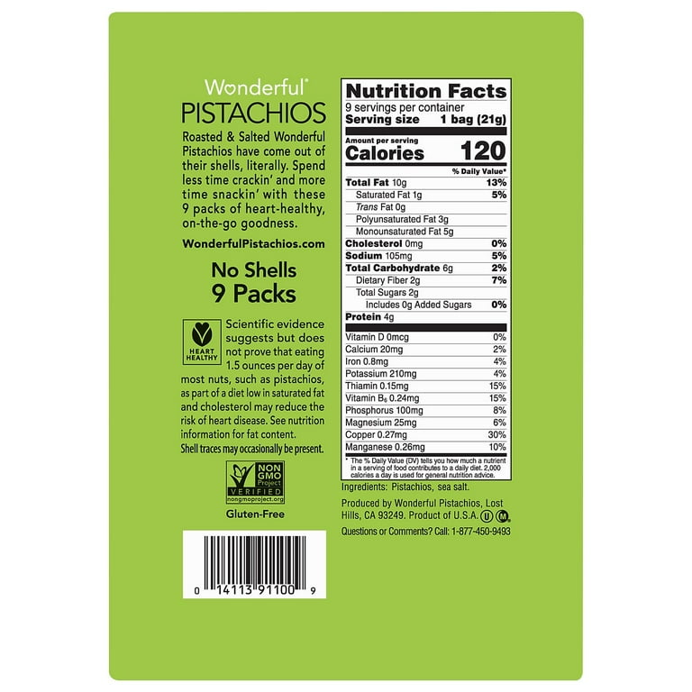 Wonderful No Shells Pistachios, Roasted and Salted, 0.75 oz Bag, 9 Bags/Box, 4 Boxes/Carton Wonderful No Shells Pistachios, Roasted and Salted, 0.75 oz Bag, 9 Bags/Box, 4 Boxes/Carton