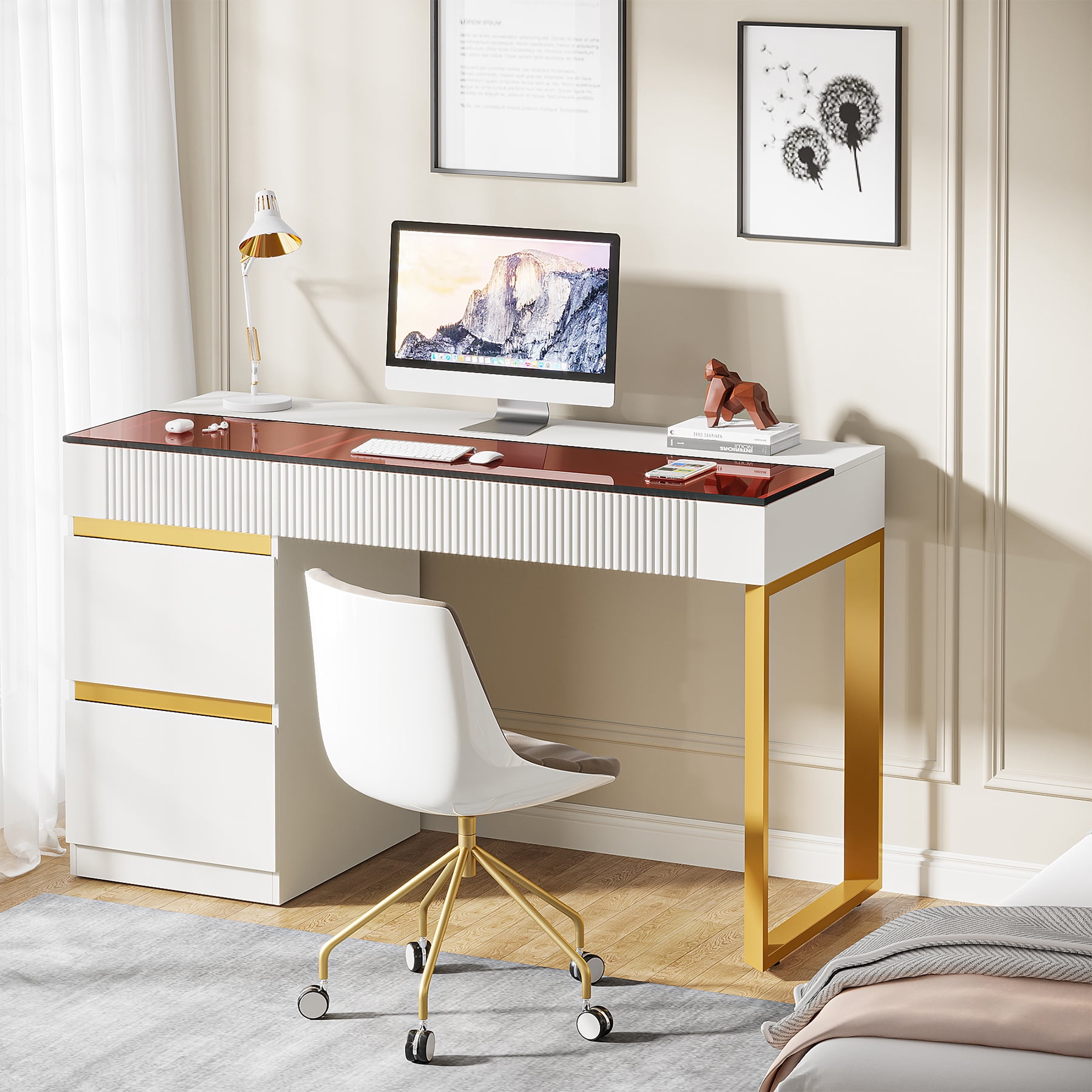 Tribesigns Modern Writing Desk Computer Desk with 4 Drawers, Makeup Vanity Desk with Visual Glass Top for Home Office