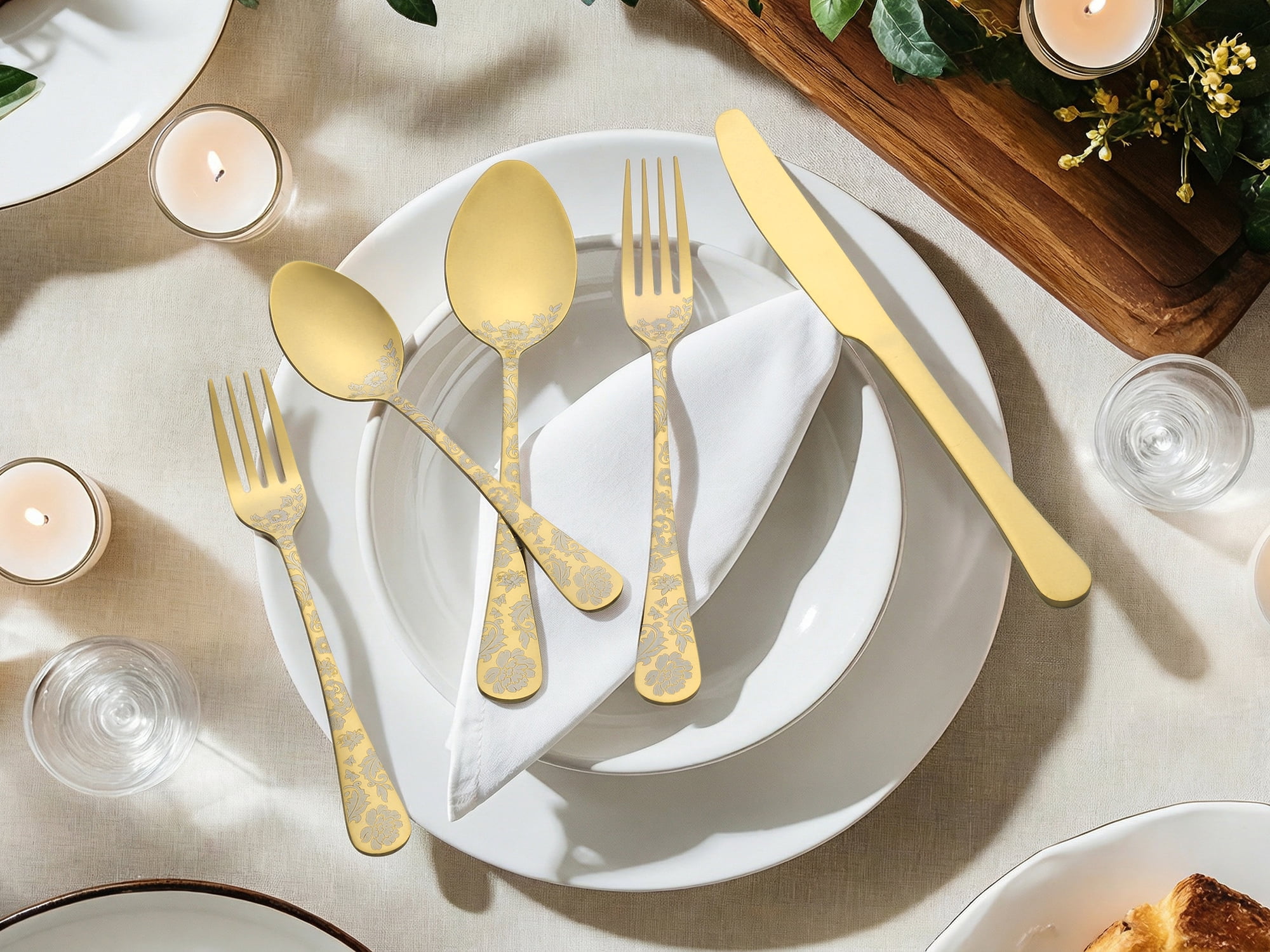 Unique Bargains 20 Pieces Floral Stainless Steel Flatware Set for 4 Gold