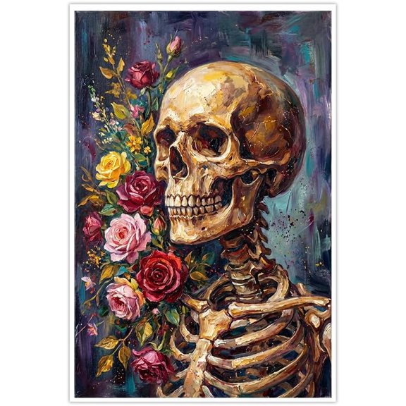 Gothic Skull Wall Art Vintage Floral Skeleton Roses Canvas Print Home Decor