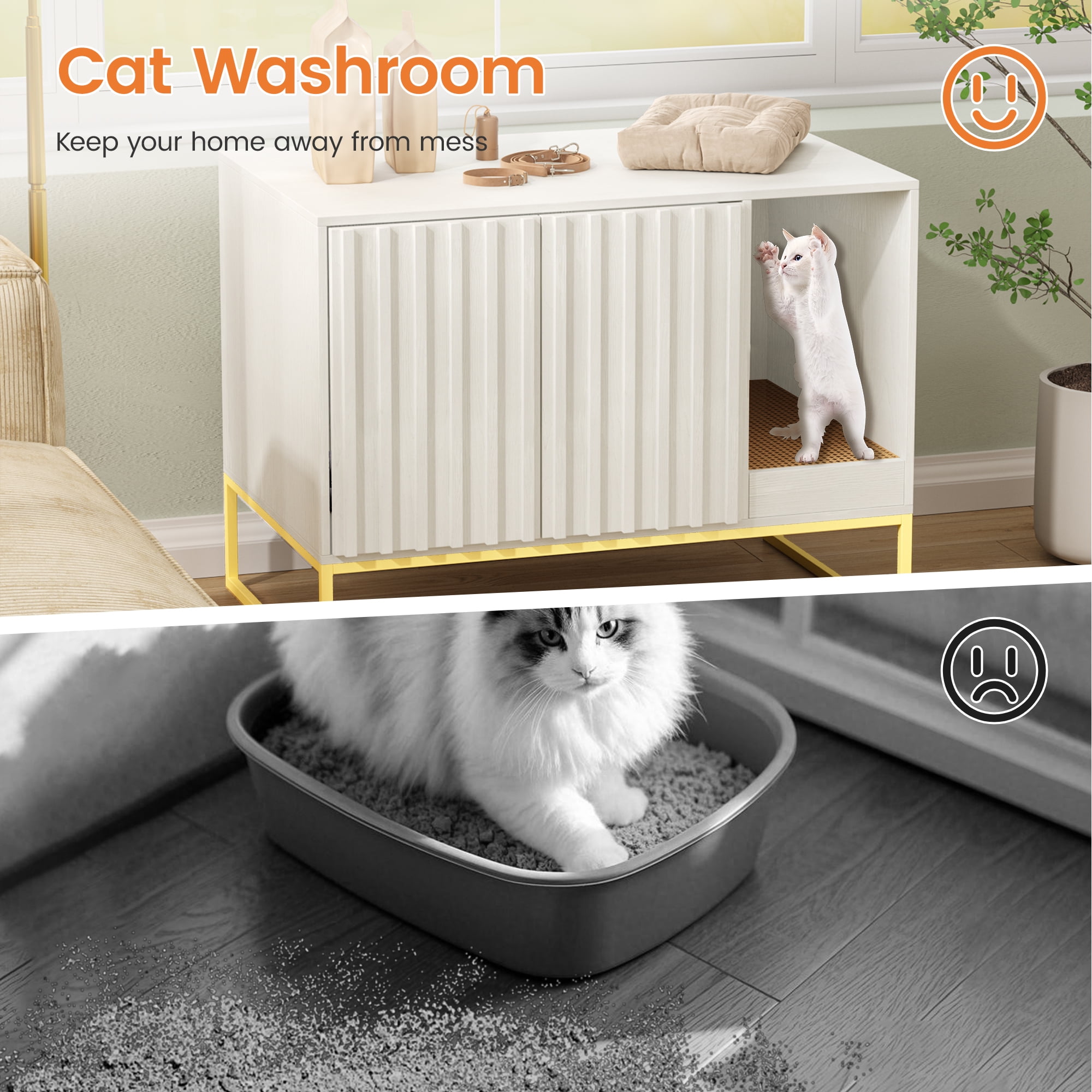Veanerwood Litter Box Enclosure,Modern Cat Litter Box Enclosure Furniture Hidden Litter Box with Cat Scratch Pad, Cat Washroom Cat House End Table, Entryway Bench for Livingroom (White)