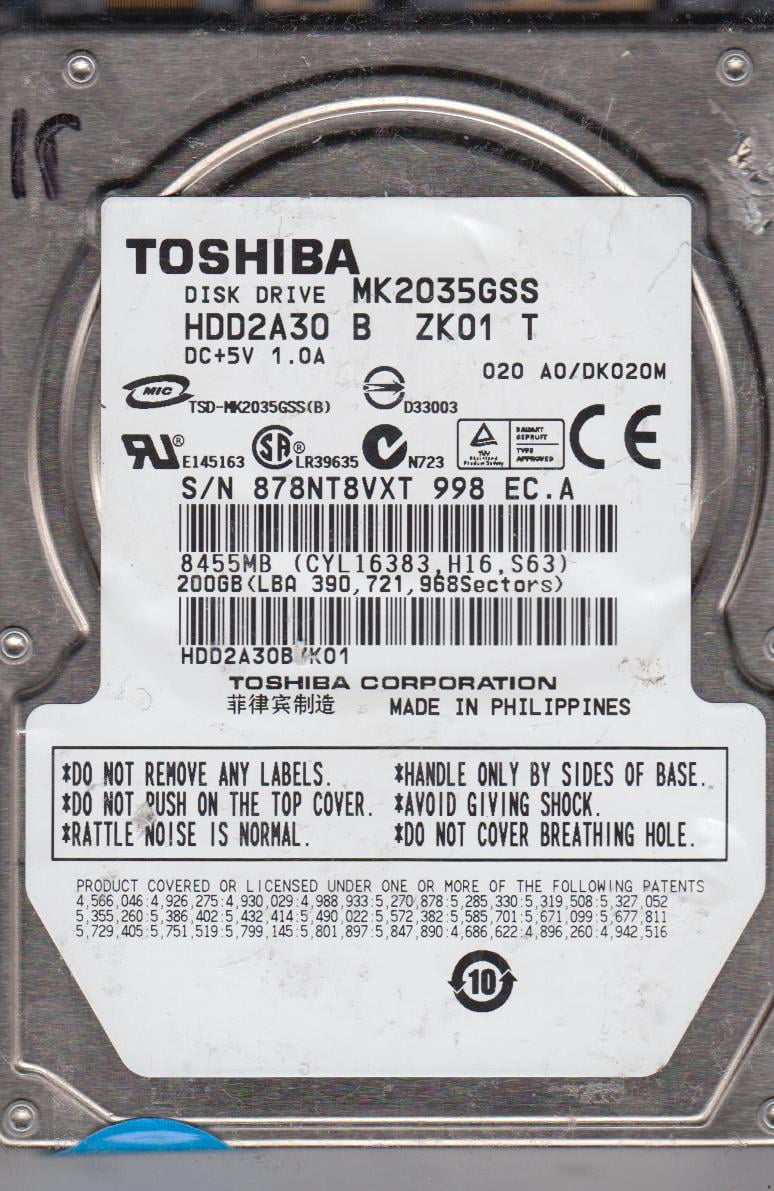 HDD2A30 B ZK01 S Toshiba 200GB MK2035GSS SATA Laptop HardDrive WIPED & TESTED! 