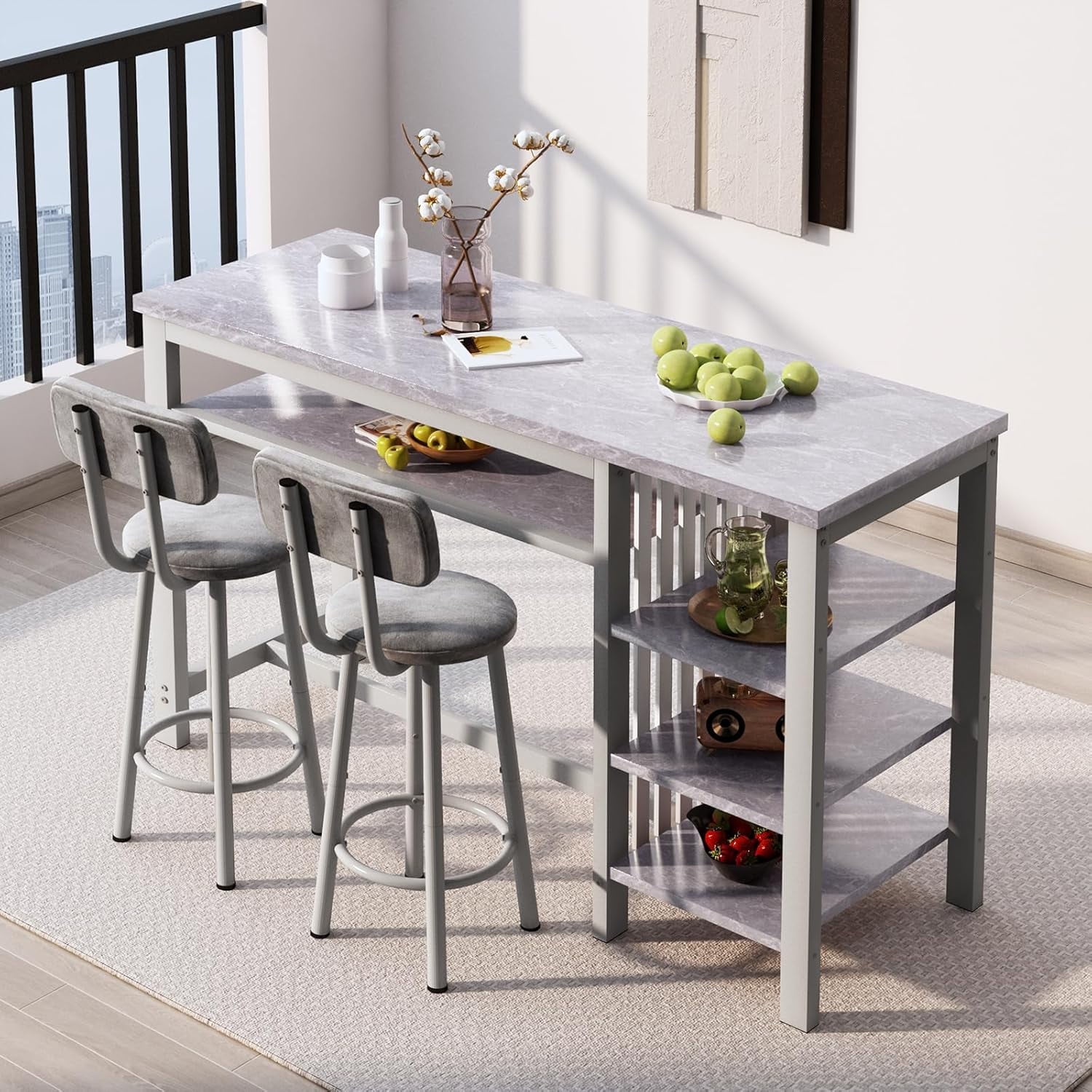 Cvortll Bar Table and Chairs Set, Kitchen Counter with 3 Tier Storage Shelves,3-Piece Faux Marble Table with 2 PU Cushion Bar Stools for Home & Kitchen,Grey