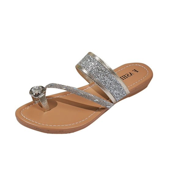 LOVZFMLL Sandals for Women 2025 Fashion Ring Toe Glitter Flat Flip Flops Thong Casual Slip On Open Toe Slides Sandals for Summer Beach Vacation Outdoor Silver 5.5