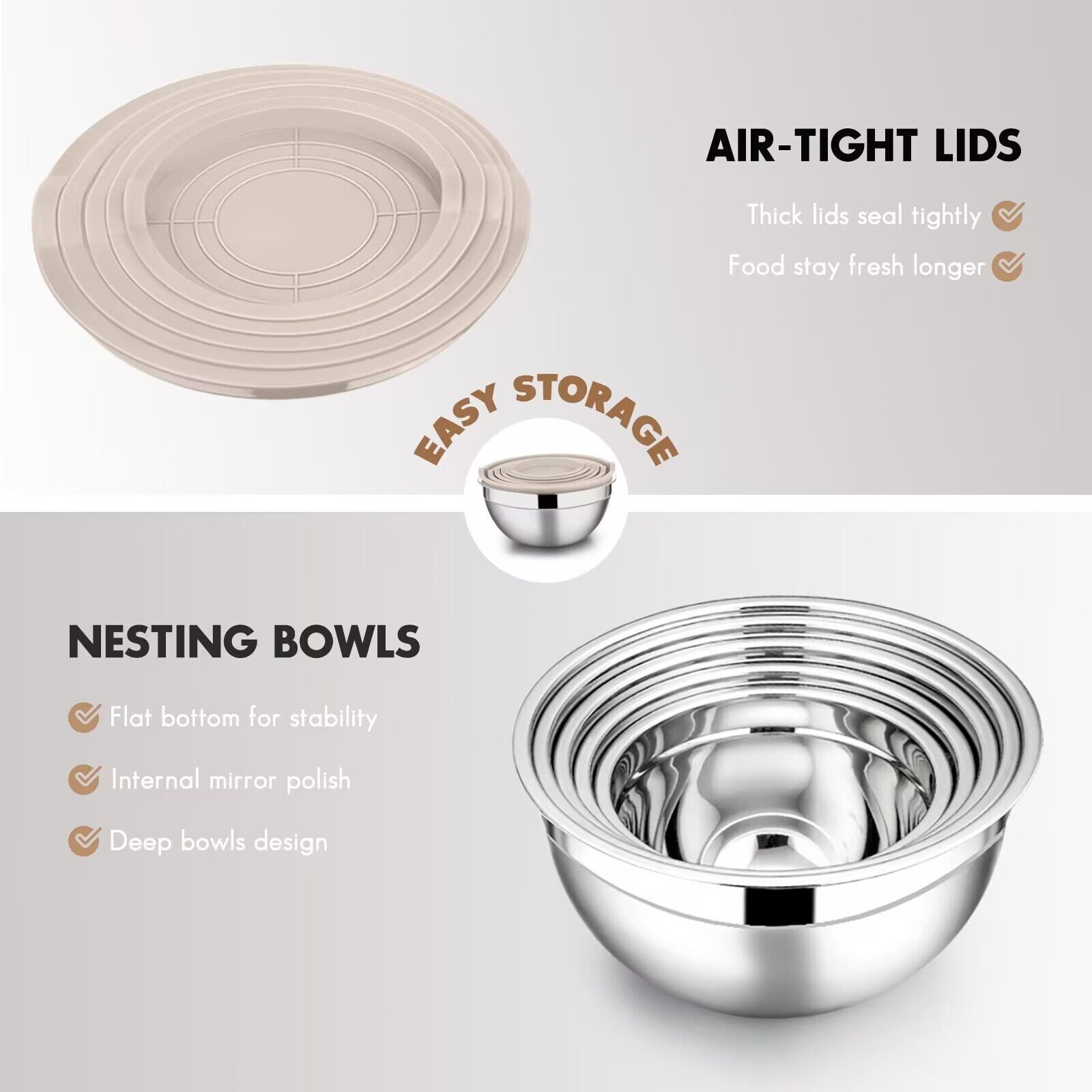 Vesteel Stainless Steel Mixing Bowls Set 7 Sizes with Lids Khaki