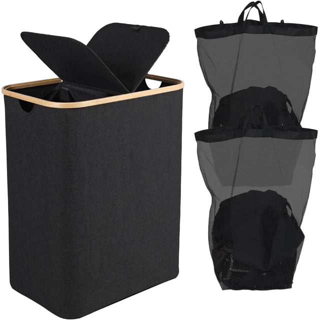 Cesto para Ropa Sucia con Tapa, Cesta de Lavandería Plegable de Gran Capacidad 150L con 2 Bolsa Extraíble Para Baños, Negro