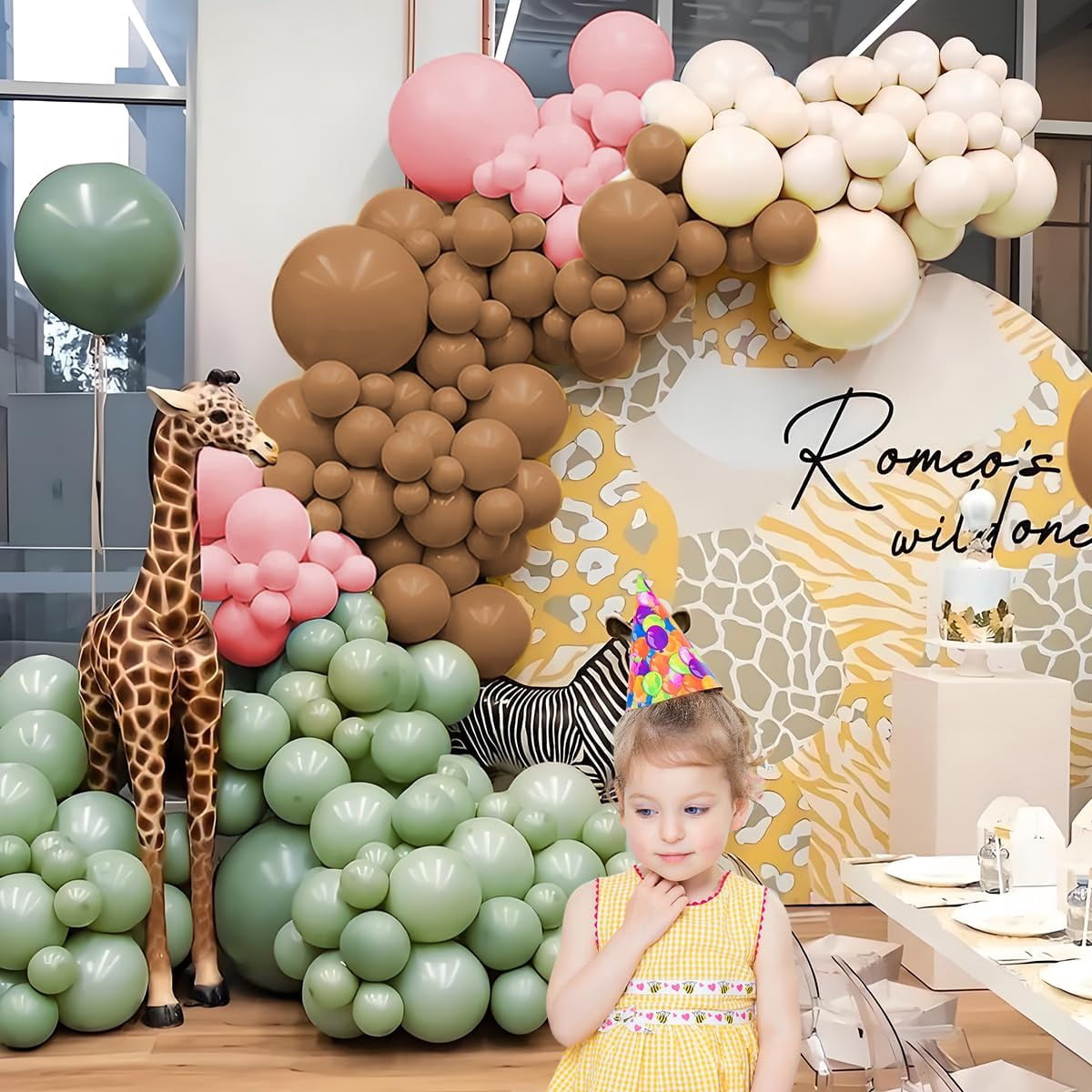 Burculy Pink Green Brown White Balloon Garland Arch Kit, 166Pcs Blush Pink Pastel Green White Sand Tan Brown Boho Balloons for Baby Shower Birthday Wedding Safari Jungle Woodland Party Decorations