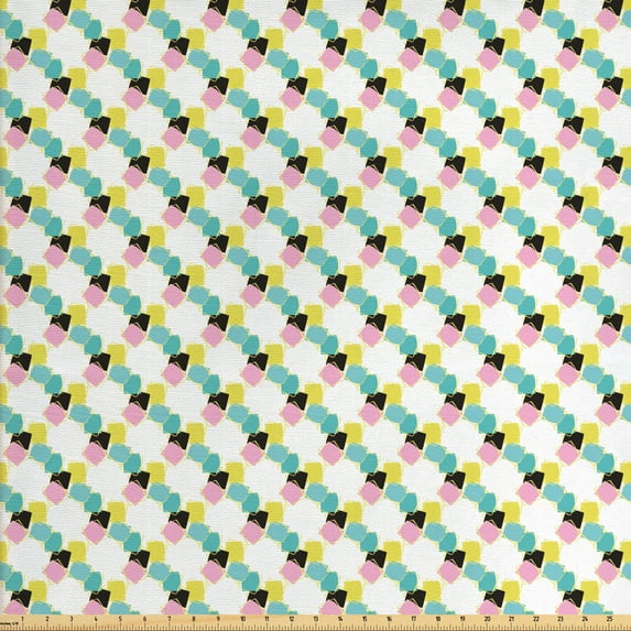 Geometric Upholstery Fabric by the Yard, Memphis Art Abstract Pattern with Squares, Decorative Fabric for DIY and Home Accents, Ivory Multicolor by Ambesonne