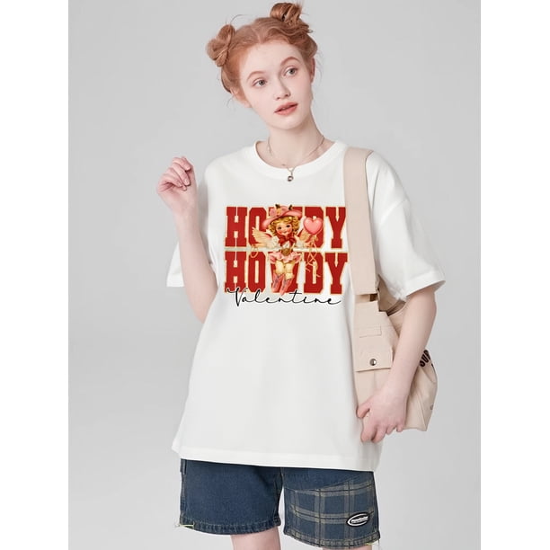 Valentine'S Day Element Cupid Letter Print Fashionable Casual Short Sleeved Summer Outfit Combined Version Round Neck Women'S T-Shirt Tee For Adult, Men, Women, Teen, Teenager, Adolescent, Youth