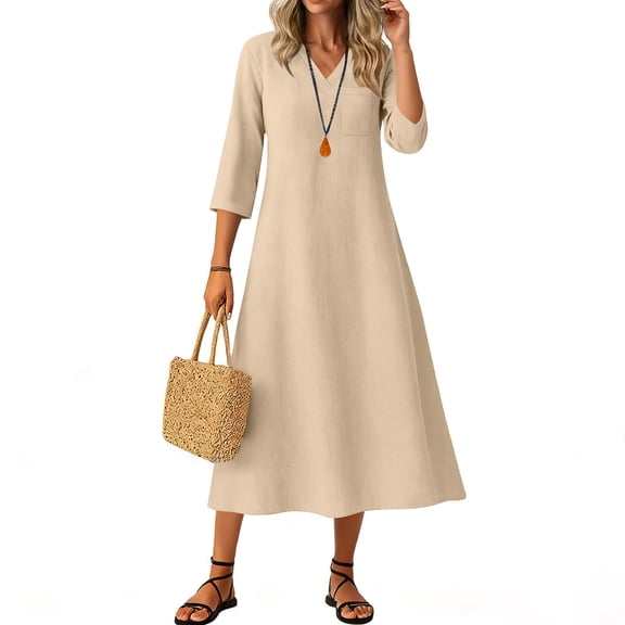 Ayolanni 3/4 Sleeve Women's Fall Dress Solid V-Neck A-Line Maxi Dress Cotton Elegant Holiday Work Long Dress Beige L