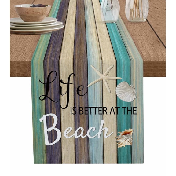 Coastal Starfish Table Runner 48 Inches, Farmhouse Nautical Conch Seashell Wood Bed Runner Dresser Scarves Tabletop for Indoor Outdoor Parties/Ceremony/Banquet, 13" x 48"