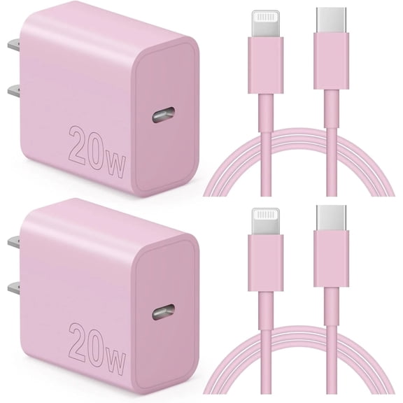 JOZASHON 20W iPhone Charger with 6ft USB-C to Lightning Cable, 2-Pack, Fast Charging Compatible with iPad, iPod, Pink