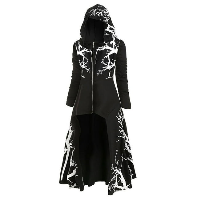 Gothic Hooded Cloak for Women Steampunk Long Sleeve Sweatshirt Irregular Hem Long Trench Zip Up Renaissance Jackets