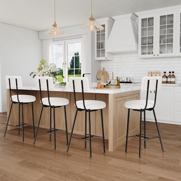 Modern Upholstered Bar Stools Set of 4, Counter Height Bar Chairs with Round Seat, Back, Footrest for Kitchen Island, Dining Room, Pub, Beige