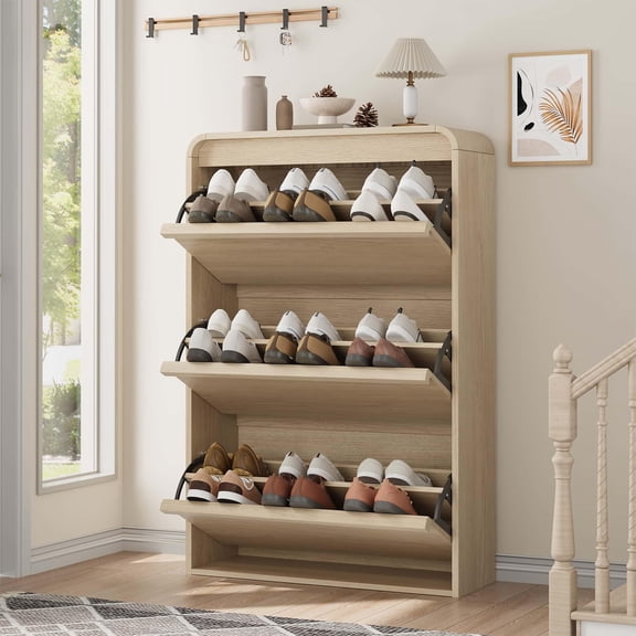 Shoe Cabinet with 3 Flip Drawers, Wooden Shoe Cabinet with Adjustable Shelf, Shoe Storage for Entryway, Hidden Shoe Cabinet for Hallway, Living Room, Natural Oak