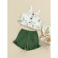 thumbnail image 3 of Chollius Toddler Baby Girl Summer Set Square Neck Floral Suspender Buttoned Sleeveless Top Solid Color Ruffle Elastic Waist Shorts Outfits, 3 of 8