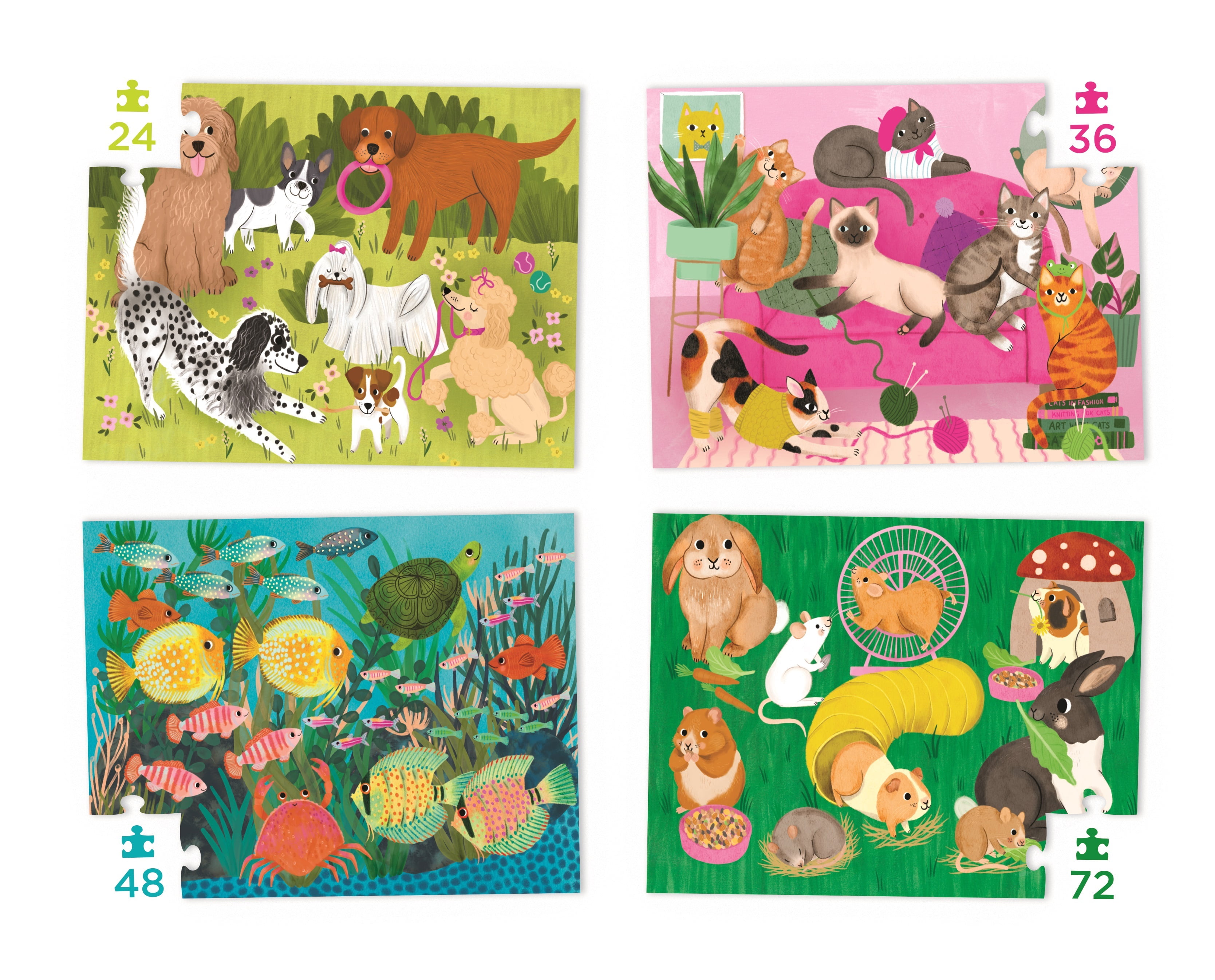 Crocodile Creek 4 pack Jigsaw Puzzle for Kids Ages 5 and Up - Fun and Educational Table or Floor - Heavy-Duty Box for Storage - Playful Pets - 13.5" x 18" Finished