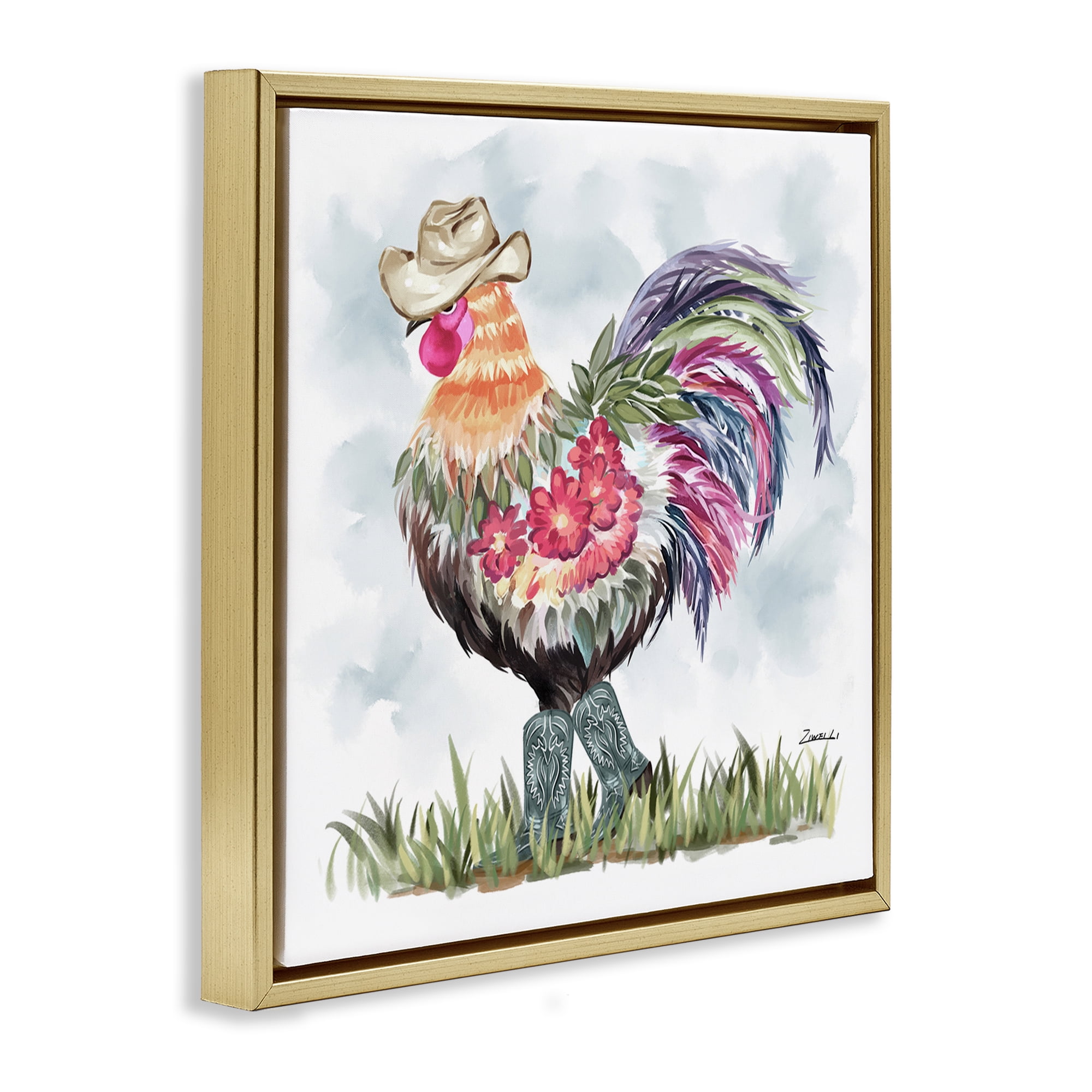 Stupell Industries Cowboy Floral Hen Animals & Insects Painting Gold Floater Framed Canvas Art Print Wall Art, 18 x 18