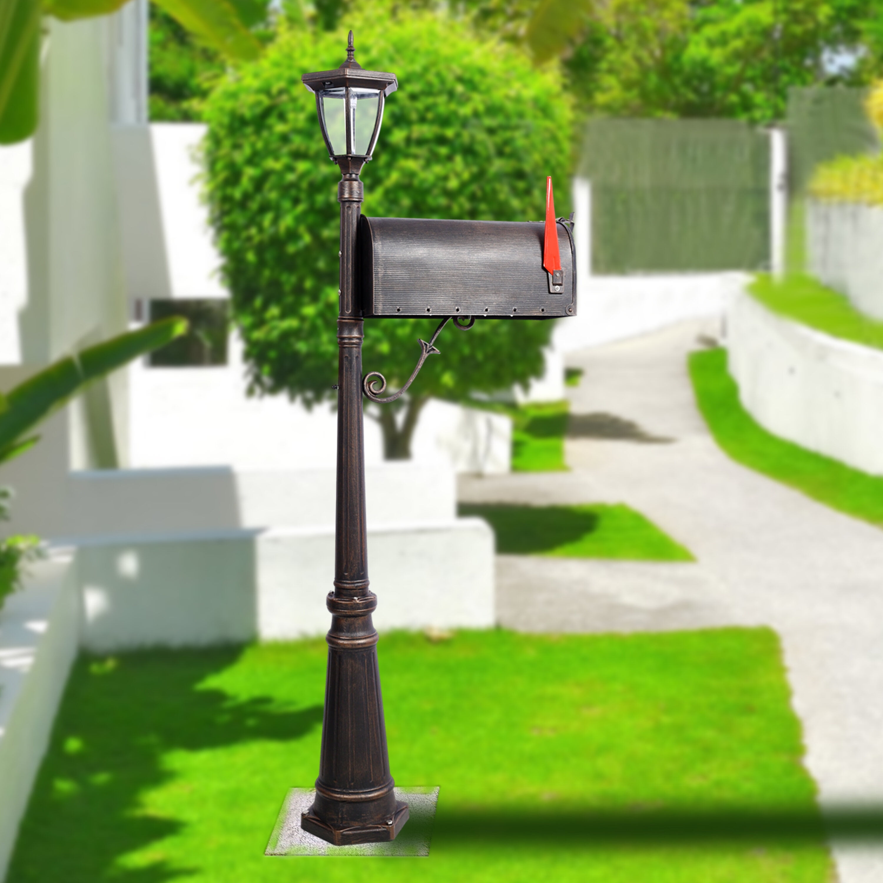 Mailbox/Post Light Combination Kit , Post with Mailbox, Fluted Base, Decorative Modern Mailbox with Post, Stratford Heavy Duty Cast Aluminum Mailboxes for Outside, Mailbox Post Large Mail Box,