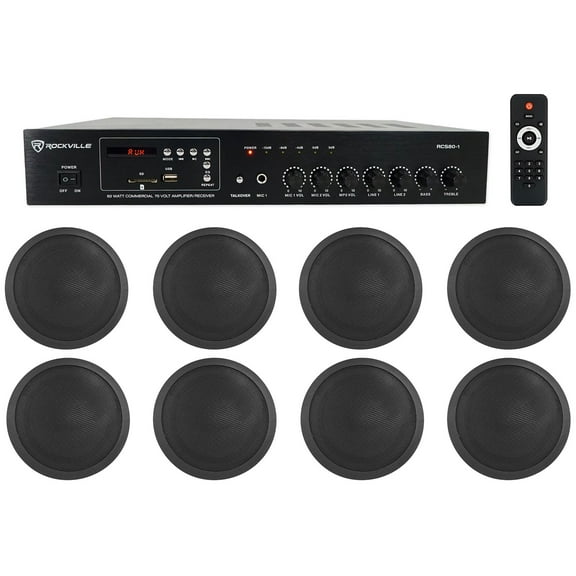 Rockville Commercial 70v Amp (8) Black 5" Ceiling Speakers 4 Restaurant/Bar/Cafe
