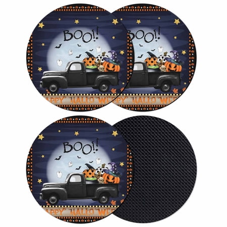 Navy Blue Halloween Coasters Set of 4 Absorbent Coasters for Drinks Pumpkins Stars Truck Modern Art Coaster for Desk Coffee Table Protection Home Decor House Warming Gifts 4