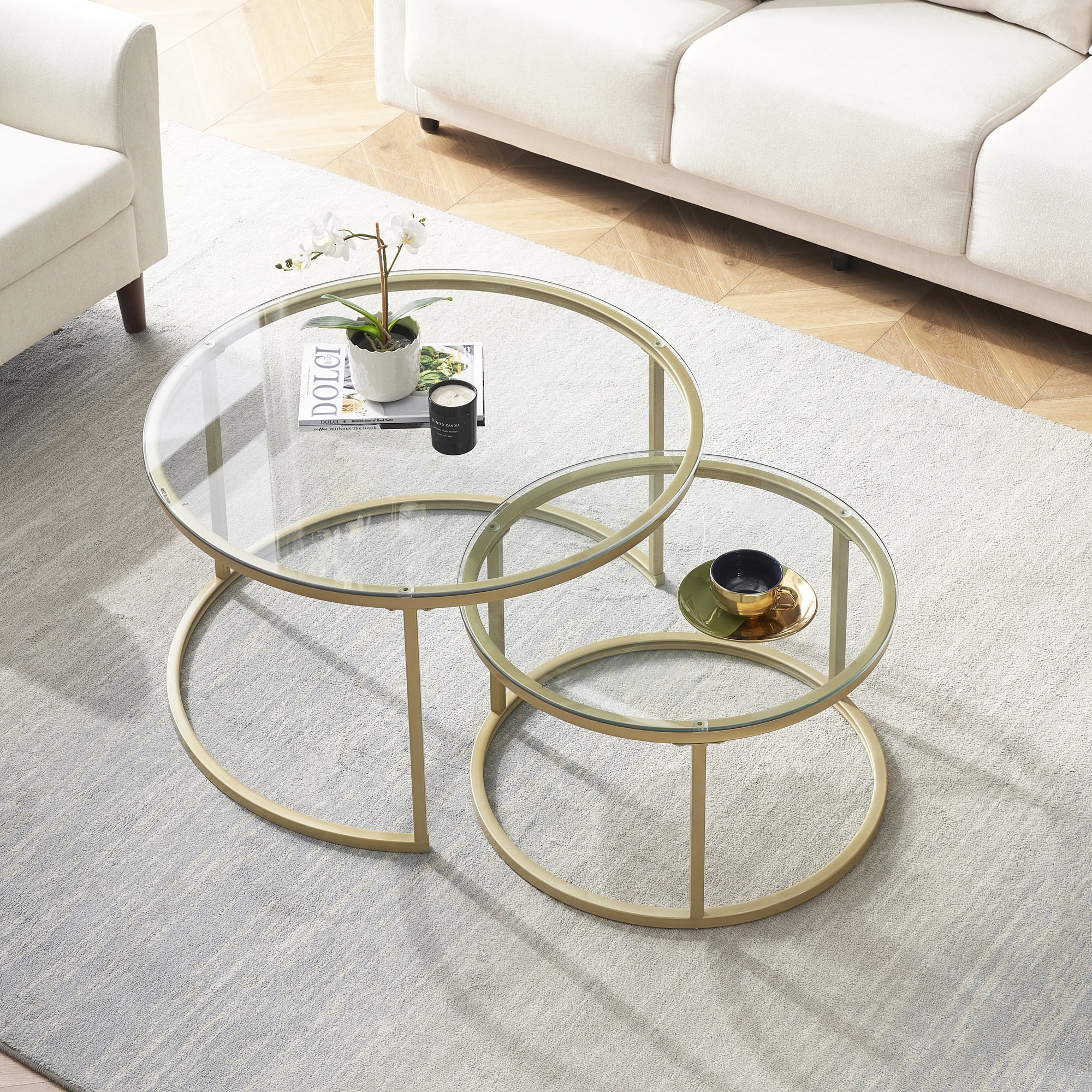 Modern Round Nesting Coffee Table Set with 31.5 inch Tempering Glass Top and Golden Metal Legs Stacking Side Tea Table for Living Room