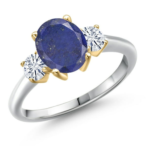 Gem Stone King 925 Silver and 10K Yellow Gold Blue Lapis and White Moissanite Engagement Ring for Women | 2.46 Cttw | Oval 9X7MM | Gemstone Birthstone | Size 8