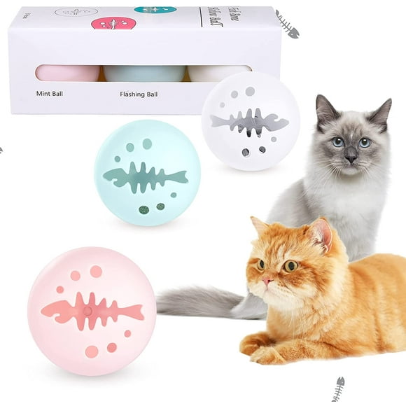 Cat Toys for Indoor Cats, Interactive Cat Toy,Funny cat Stuff, cat Supplies for Cat Exercise, 3PCS Fish Bone Hollow Balls for Kitten Cats Including Flashing Ball, Bell Ball and Catnip Ball