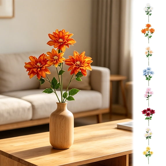 4 Head Realistic Dahlia Artificial Flower Bouquet, Premium Silk Faux Floral Arrangement, Elegant Decor for Wedding, Party, Home, Vase, Table Centerpiece & Event, Orange