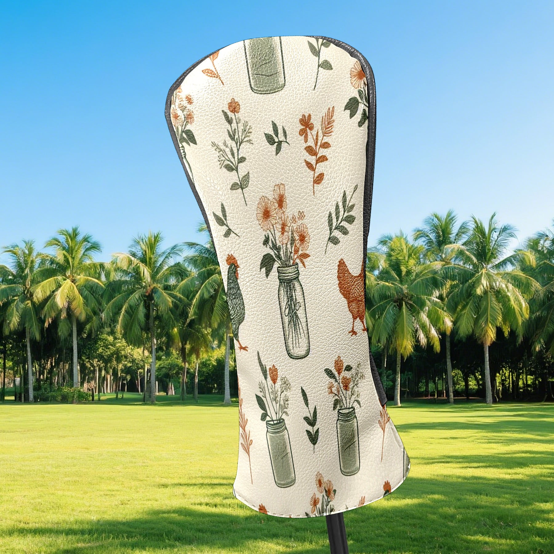 Golf Club Covers, Beige Vase Chicken Floral Premium PU Leather Driver Hybrid Putter Head Covers with Velvet Lining, Waterproof Golf Gifts for Men Women