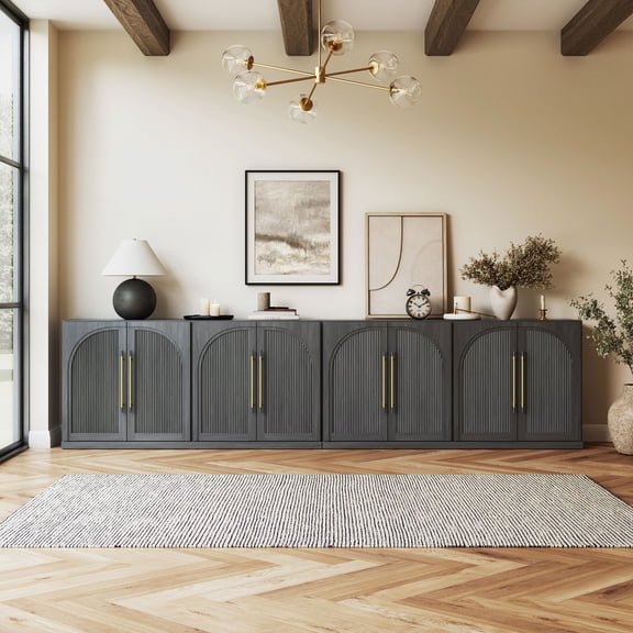 BELLEZE Set of 2 65" Sideboard Cabinet with Double-Arc Wood Doors, Large Buffet Cabinet with Storage and Adjustable Shelves, Classic Modern Console Table For Dining Room Living Room Entryway (Ebony)