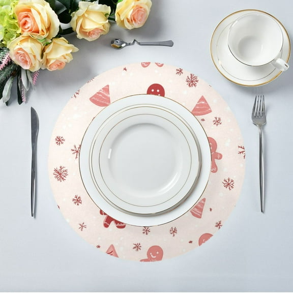 15.4" Round Placemat Set of 1 Polyester Fabric Place Mats Non-Slip Dining Kitchen Table Mats for Kitchen Party Decor Gingerbread Men Pattern