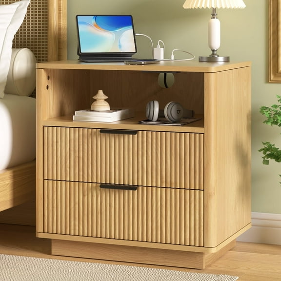 Hommpa Fluted Nightstand, 2 Drawers Bed Side Table with Charging Station, Modern End Side Table for Bedroom Furniture Living Room Sofa, Night Stand with Storage Drawers and Open Shelf