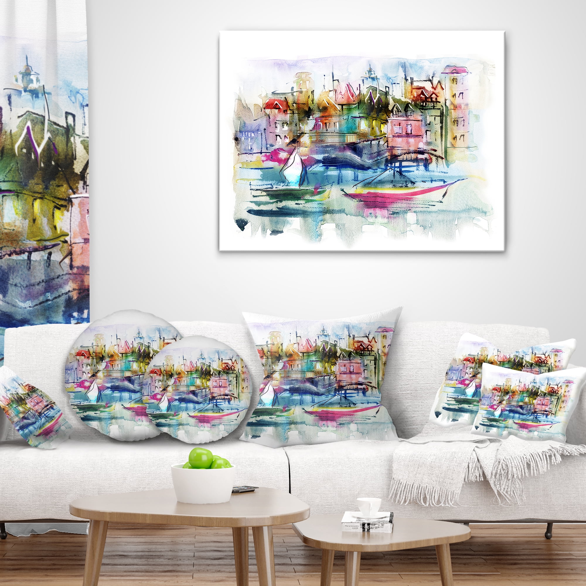 Designart Houses and Boats - Landscape Printed Throw Pillow - 12x20