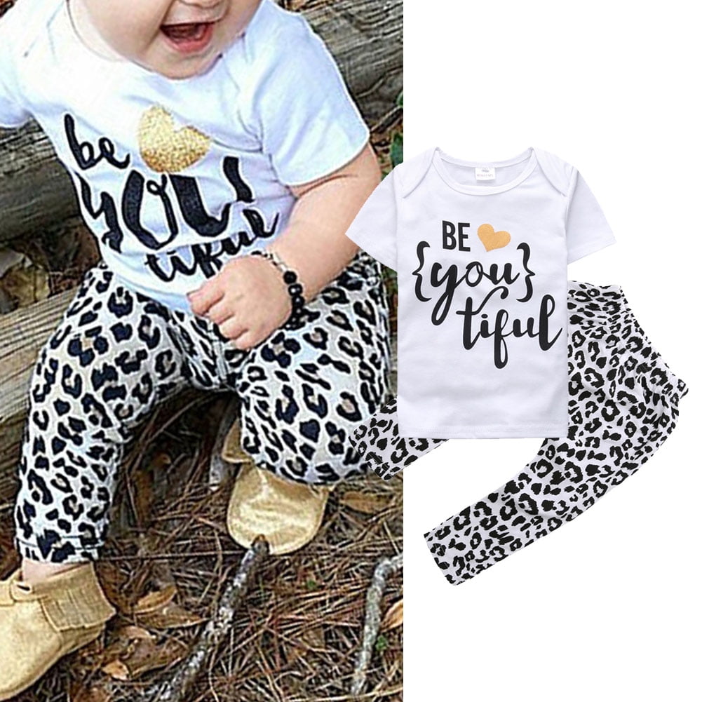 New Kids Baby Girls Print Clothes Short Sleeve T-Shirt+Pants Outfits Set Clothes