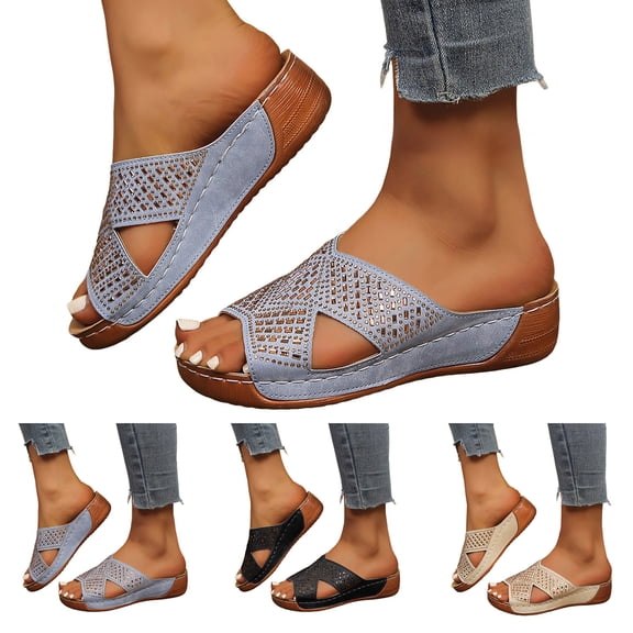Dakaela Orthopedic Wedge Sandals for Women 2026 Rhinestone Arch Support Platform Open Toe Slip on Summer Casual Dressy Walking Shoes Size 6-10 Black