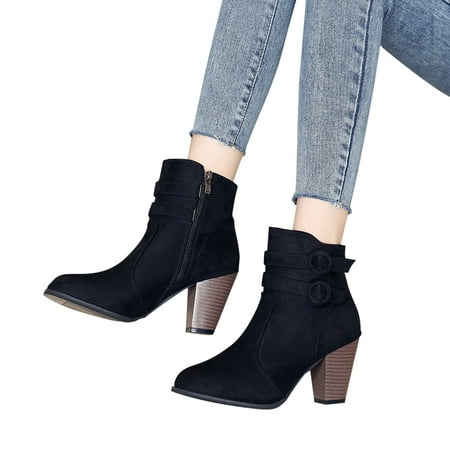 

Lovskoo 2024 Ankle Boots for Women Faux Suede Pointed Toe Mid Chunky Stacked Heel Fashion Solid Color Retro Flock Zipper Non-Slip Short Booties Black