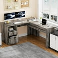 thumbnail image 5 of Homieasy L Shaped Desk with Power Outlets and USB Charging Ports, Lift Top Corner Computer Desk with Drawer, Large Office Desk with Storage Shelves, L Shaped Standing Desk for Home Office, Black Oak, 5 of 7