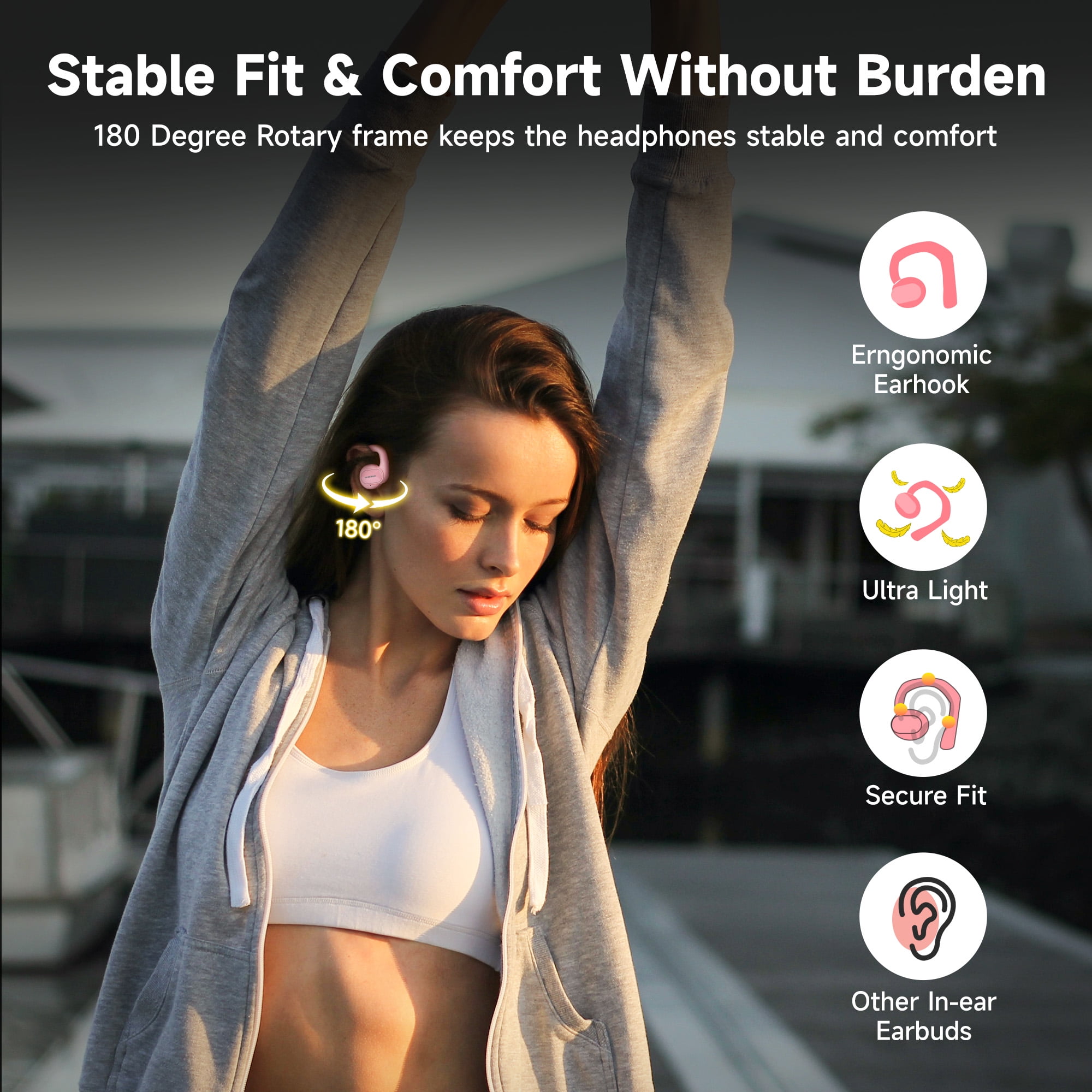 Open Ear Headphones, Wireless Earbuds Bluetooth 5.3 Air Conduction Headphones with Earhooks and Mic, Utra-Light, 48H Playtime, Waterproof Sport Headphones for Running Cycling Workout Driving