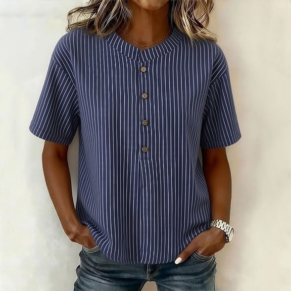 ClodeEU Women's Henley Neck Short Sleeve Shirt,Casual Relaxed Fit Basic Blouse Dark Blue,Women's Plus L