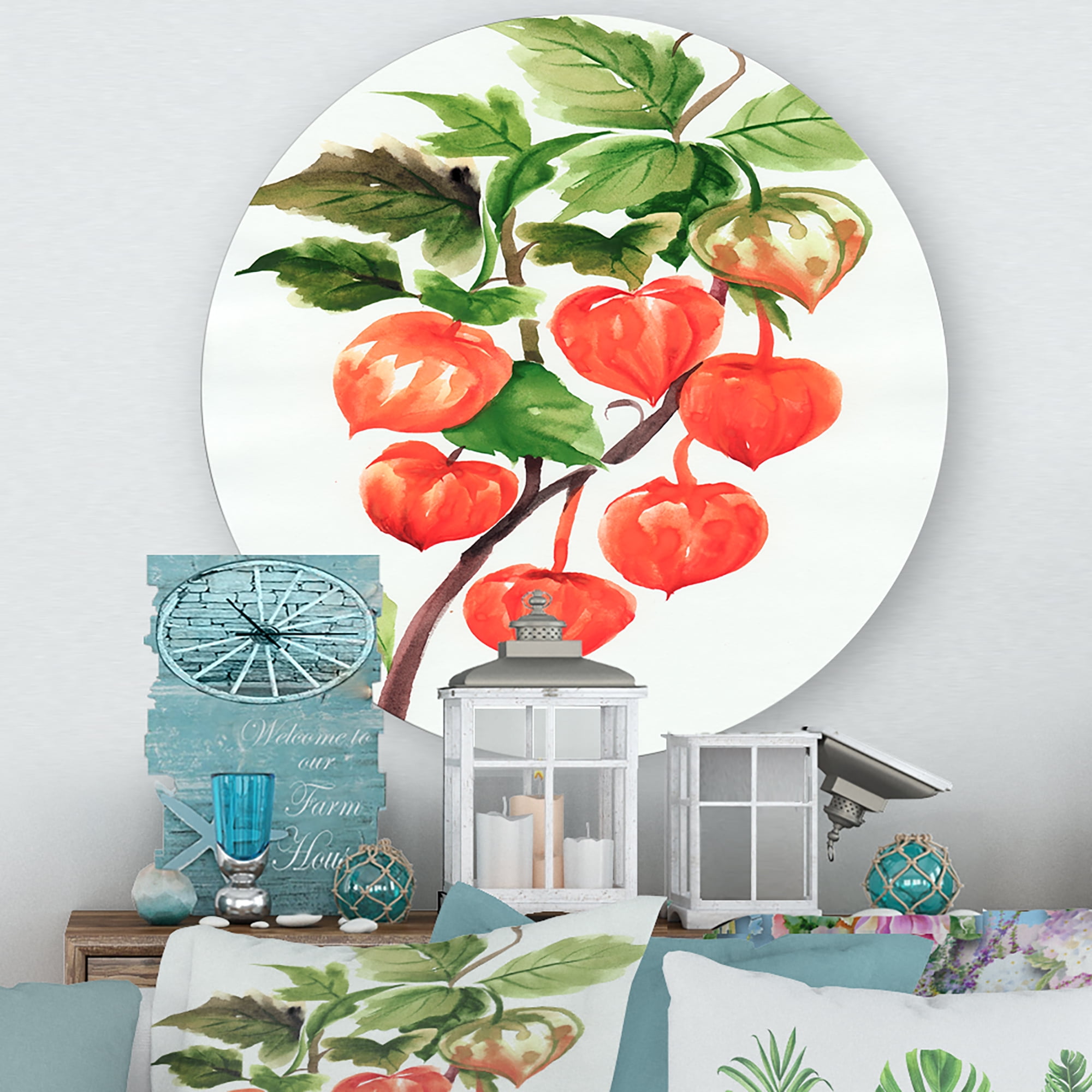 Designart 'A Red Physalis Branch' Traditional Circle Metal Wall Art 23x23 - Disc of 23