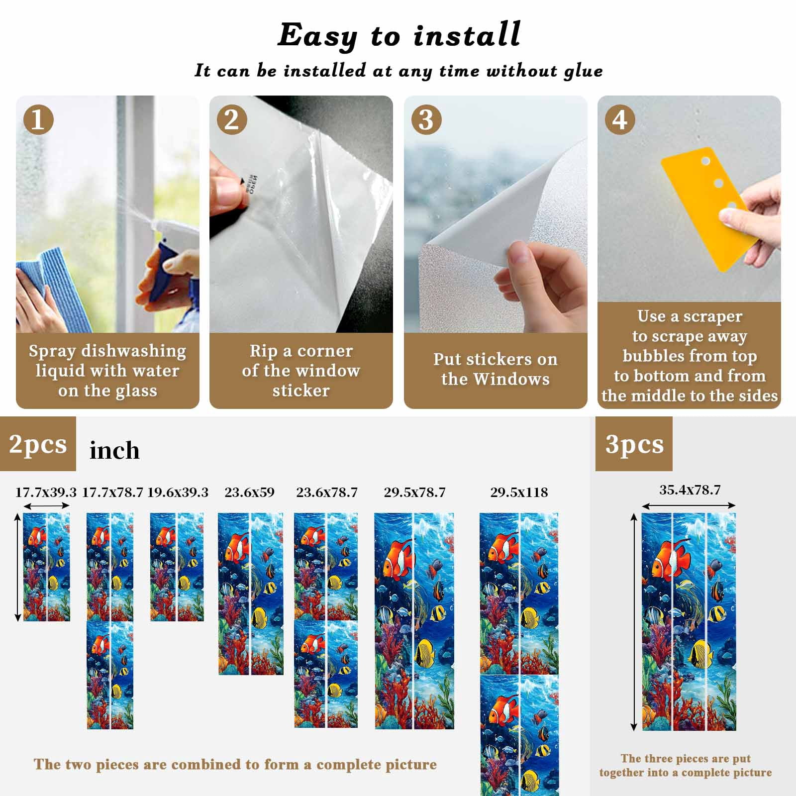 Ocean Underwater Window Privacy Film World Tropical Fish Coral Color Marine Life Decorative Glass Window Film UV Blocking Static Cling Non-Adhesive Sticker Covering for Home Door 17.7 x 78.7 inches