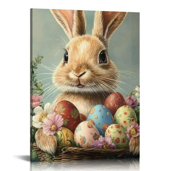 Fenyluxe Easter Bunny And Easter Eggs Canvas Painting Wall Art Easter Day Poster Print Artwork Picture for Bedroom Room Decor 12x16in