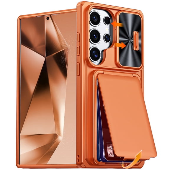 Vizvera for Samsung Galaxy S24 Ultra Phone Case with Card Holder(RFID Shielding)&Kickstand&Slide Camera Lens Cover,Rugged Heavy Duty Phone Case-Orange