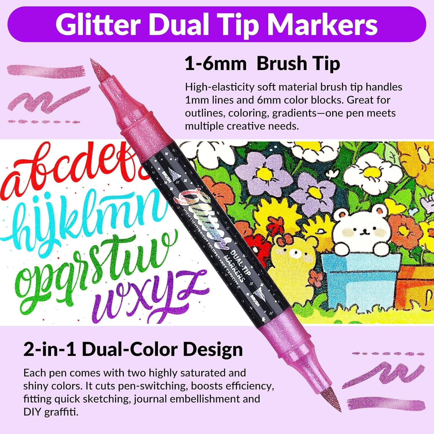 Glitter Effect Brush Marker Set, Dual Tip Pens with Metallic Sparkle for Drawing, Card Making, DIY Crafts & Adult Coloring Books