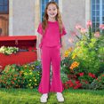 thumbnail image 2 of Vunhao Big Girls' Fashion Classic Fit Crew Neck Short Sleeve Top and Flared Full - Length Pants Two - piece Set,Hot Pink,Size 12 Months, 2 of 9