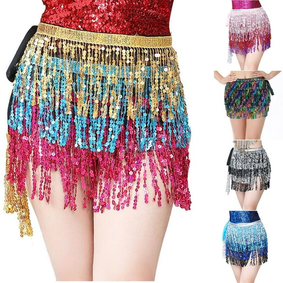 qolati Women's Glitter Sequin Mini Skirt Trendy Tassel Wrap Dance Short Skirt Hip Scarf Party Prom Skirts Holiday Outfits