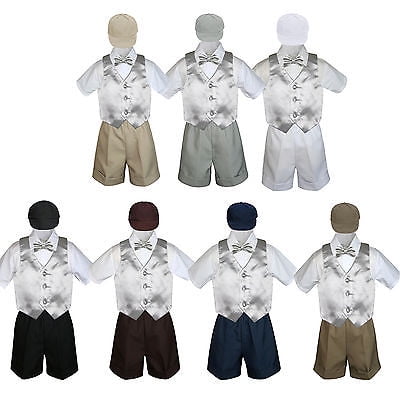 

Boy Toddler Formal Silver Vest Bow Tie White Black Gray Brown Navy Hat 5pc S-4T
